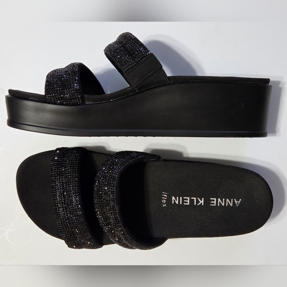 New Anne Klein Black Rhinestone Sparkly Slip On Platform Sandals Sz 8 Versatile